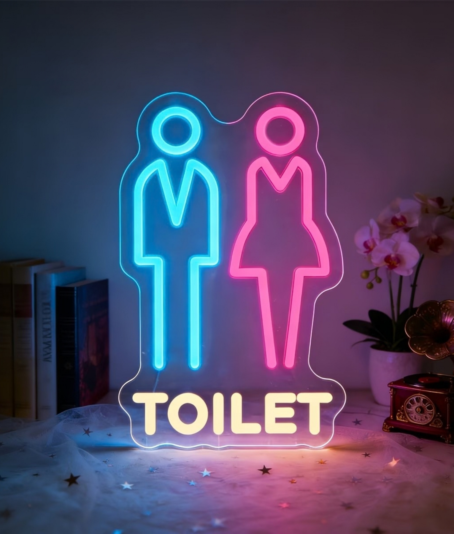 Toilet neon lamp, een toiletbordje met een man en een vrouw in blauw, roze en wit