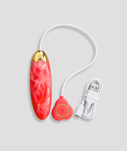 Vibrator ei rood, oplaadbaar vibrerend ei met hartvormig bedieningsknopje en USB-kabel