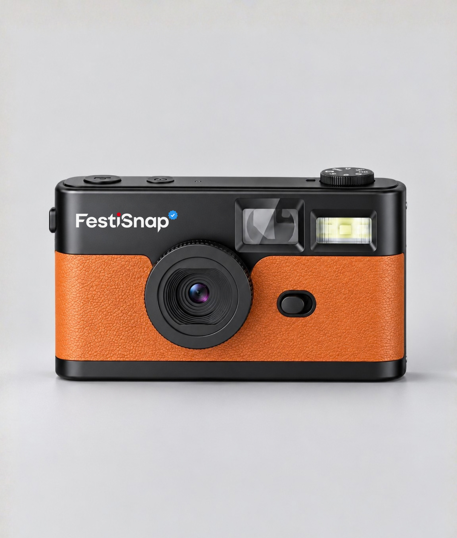 Oranje FestiSnap retro camera van voren met lens, zoeker en flitser