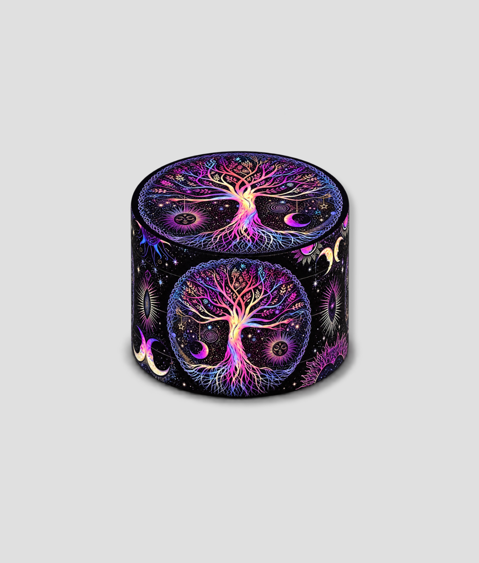 Grinder met een levensboom in paars en roze neon tegen een sterrenhemel
