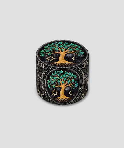 Grinder met een levensboom met groene bladeren en een gouden stam op zwart metaal