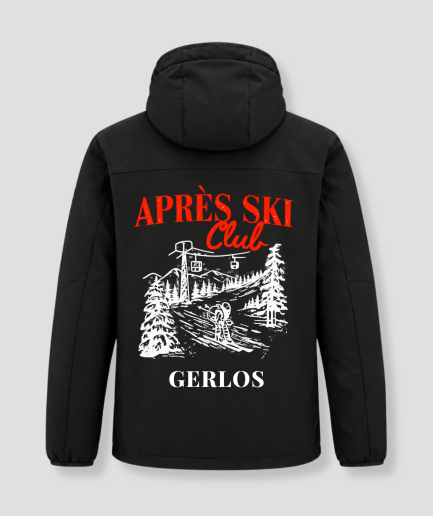 Après Ski Club winterjas zwart, achterkant met de print en de naam Gerlos