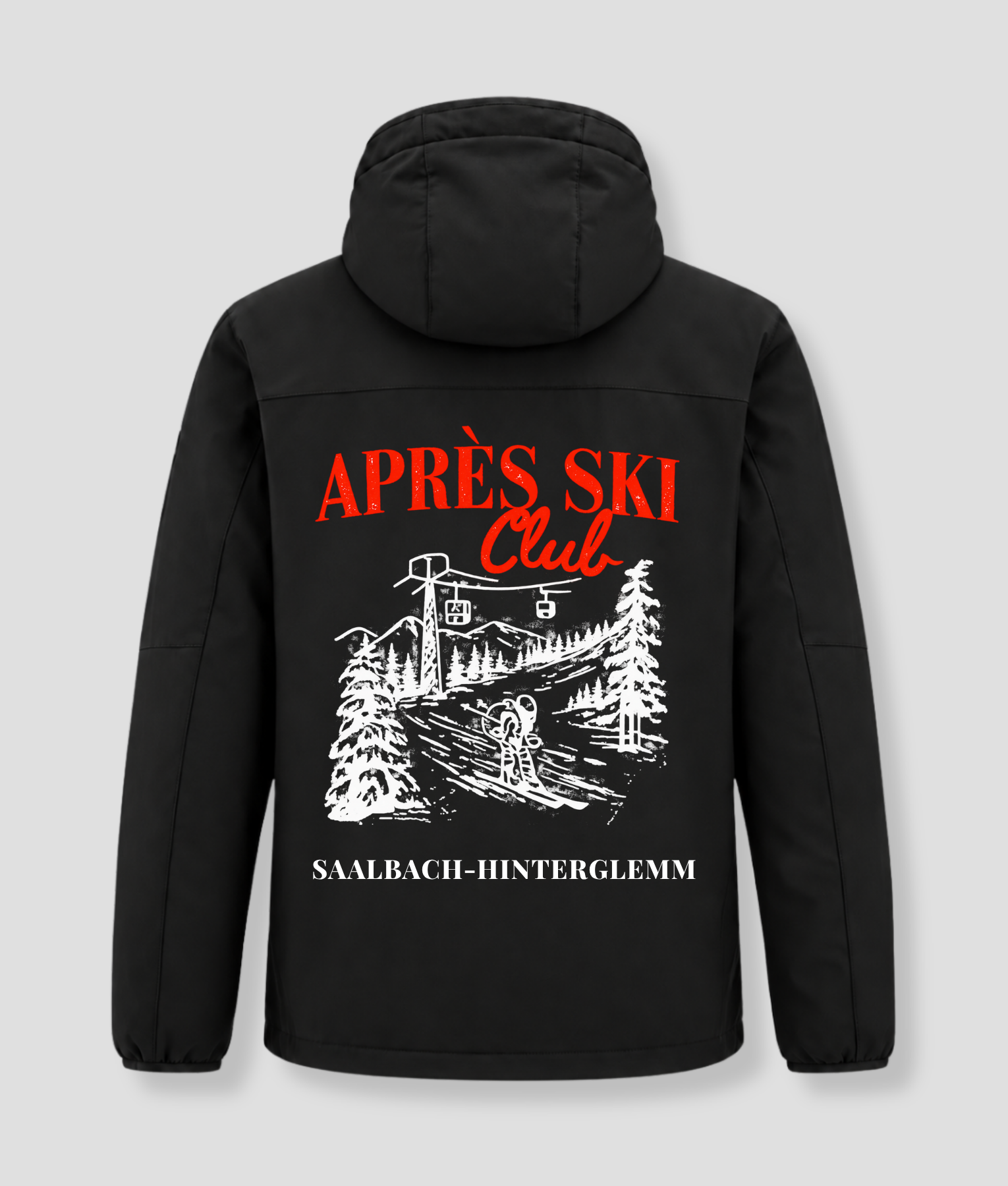 Après Ski Club winterjas zwart, achterkant met de print en de naam Saalbach-Hinterglemm