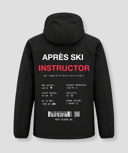 Après Ski Instructor winterjas zwart, achterkant met de gegevens van Åre, Zweden