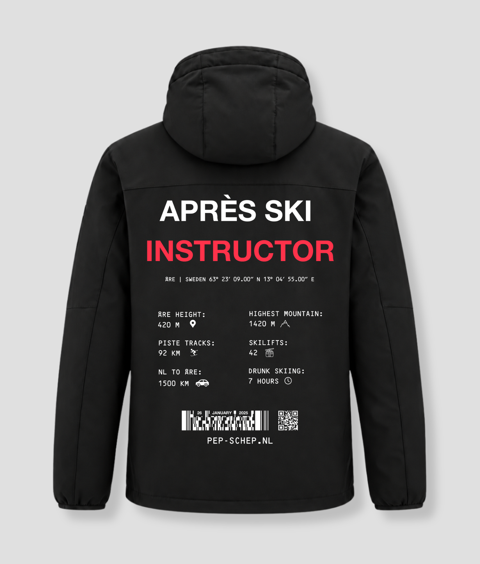 Après Ski Instructor winterjas zwart, achterkant met de gegevens van Åre, Zweden