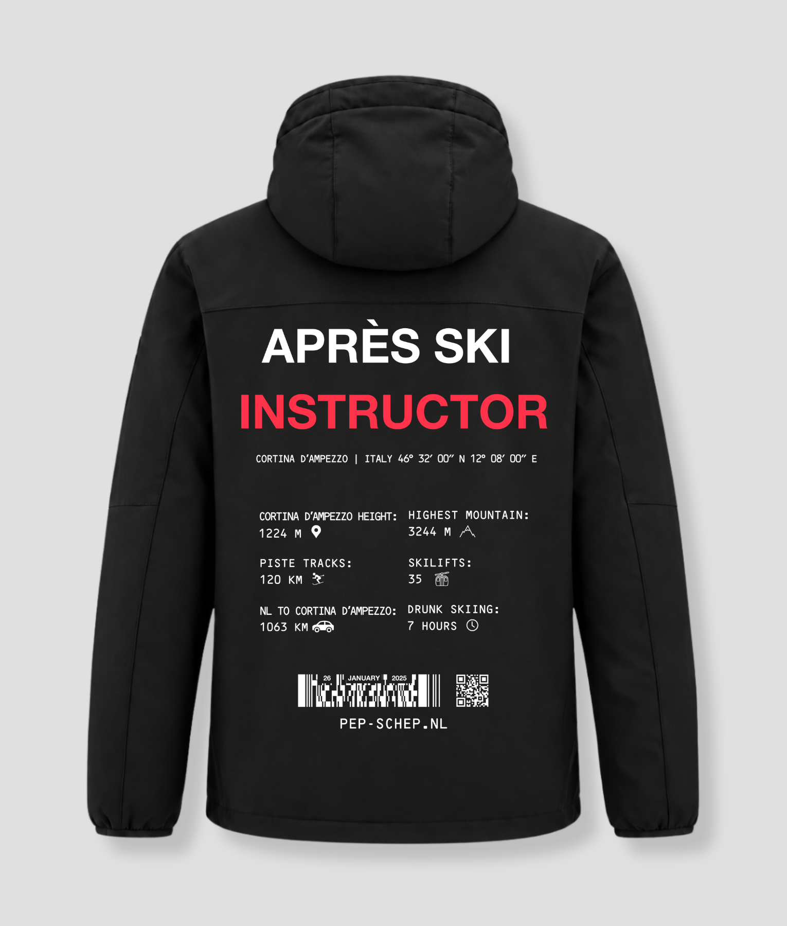 Après Ski Instructor winterjas zwart, achterkant met de gegevens van Cortina d'Ampezzo, Italië