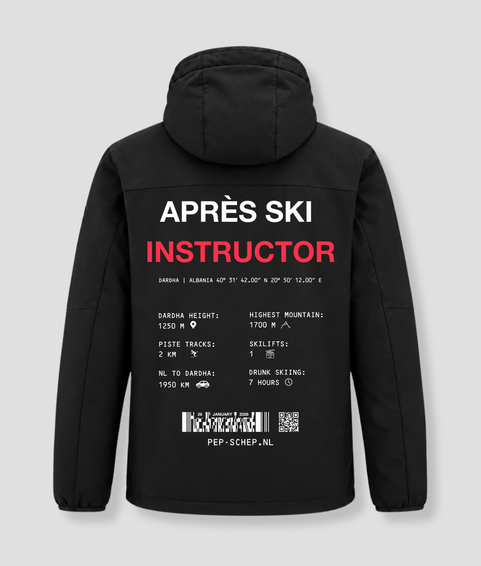 Après Ski Instructor winterjas zwart, achterkant met de gegevens van Dardha, Albanië