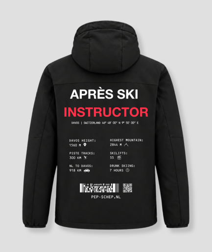 Après Ski Instructor winterjas zwart, achterkant met de gegevens van Davos, Zwitserland