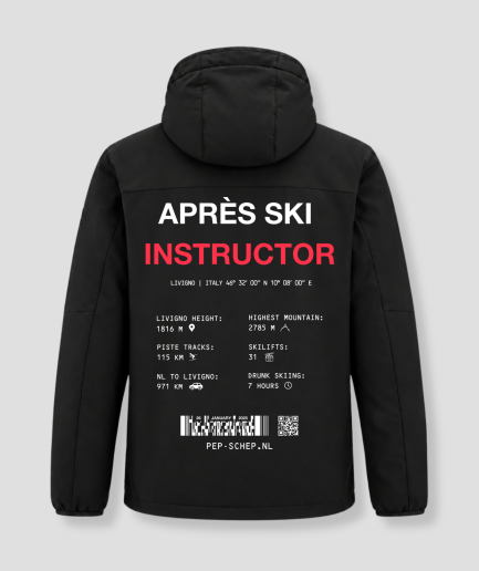 Après Ski Instructor winterjas zwart, achterkant met de gegevens van Livigno, Italië