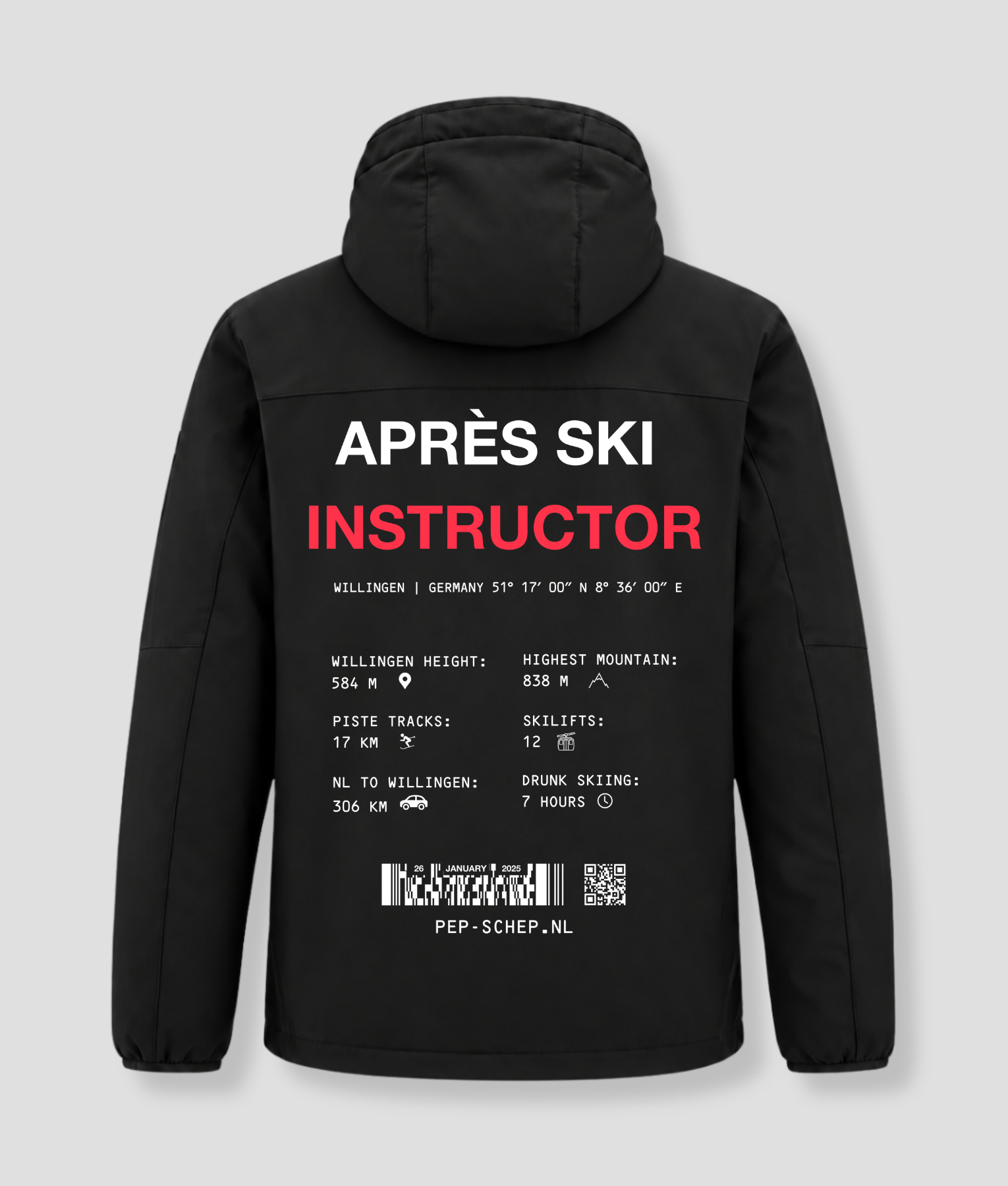 Après Ski Instructor winterjas zwart, achterkant met de gegevens van Willingen, Duitsland