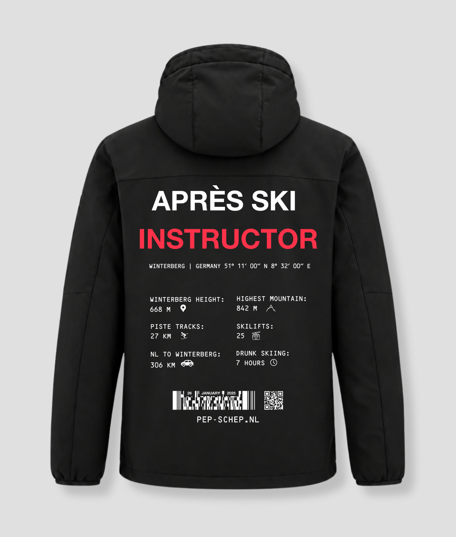 Après Ski Instructor winterjas zwart, achterkant met de gegevens van Winterberg, Duitsland