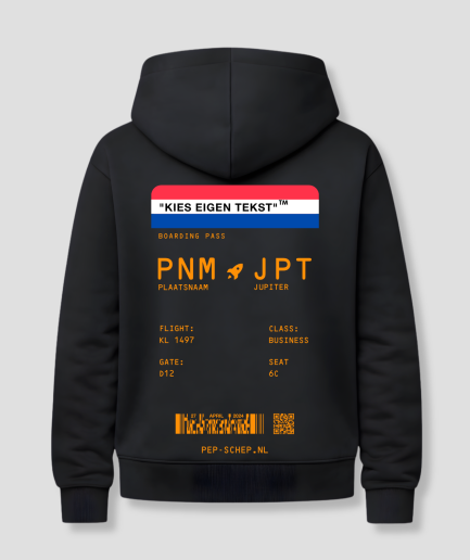 Boarding pass hoodie zwart met Nederlandse vlag print op de rug