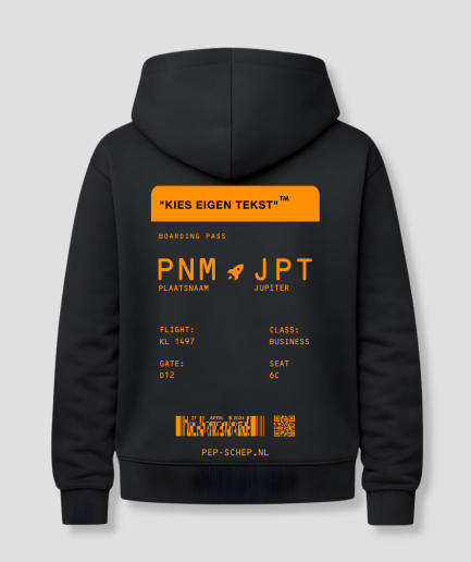 Boarding pass hoodie zwart met oranje Kingsday print op de rug