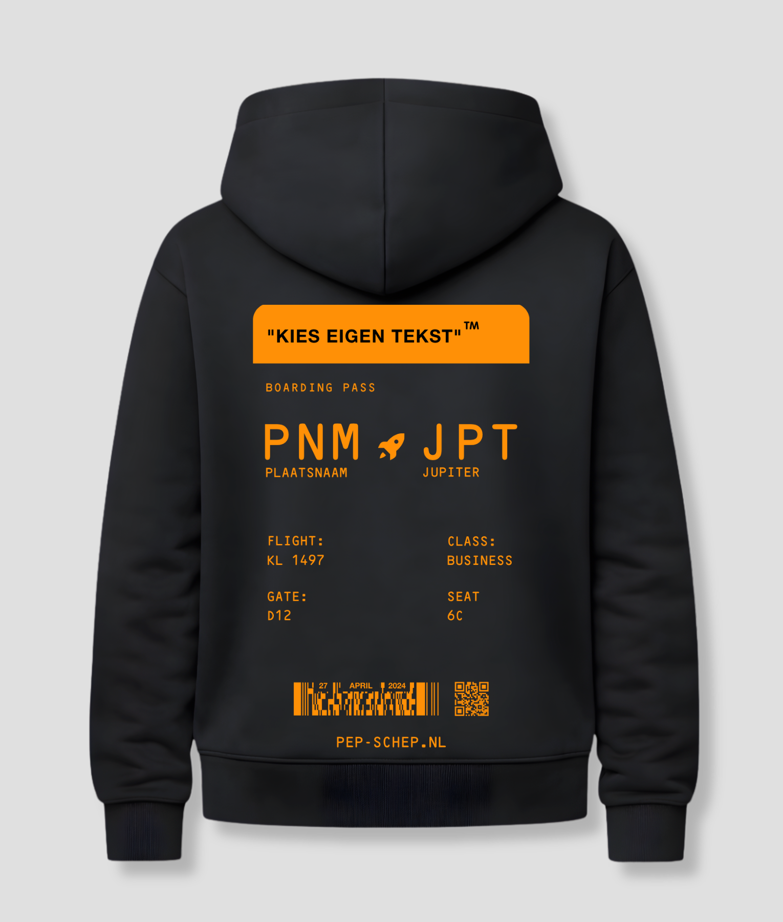 Boarding pass hoodie zwart met oranje Kingsday print op de rug