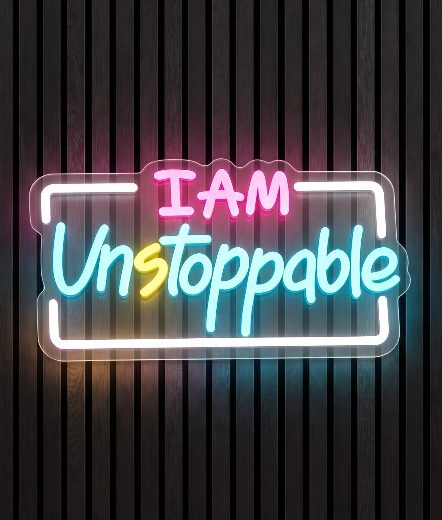 I am unstoppable neon lamp met de tekst I am unstoppable in een kader, met roze en blauw licht