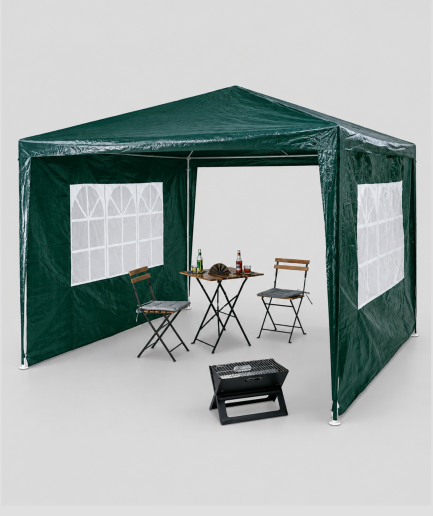 Partytent 3x3 in donkergroen met 2 zijwanden met raam