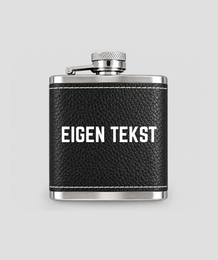 Luxe heupfles van rvs met zwart leer en eigen tekst