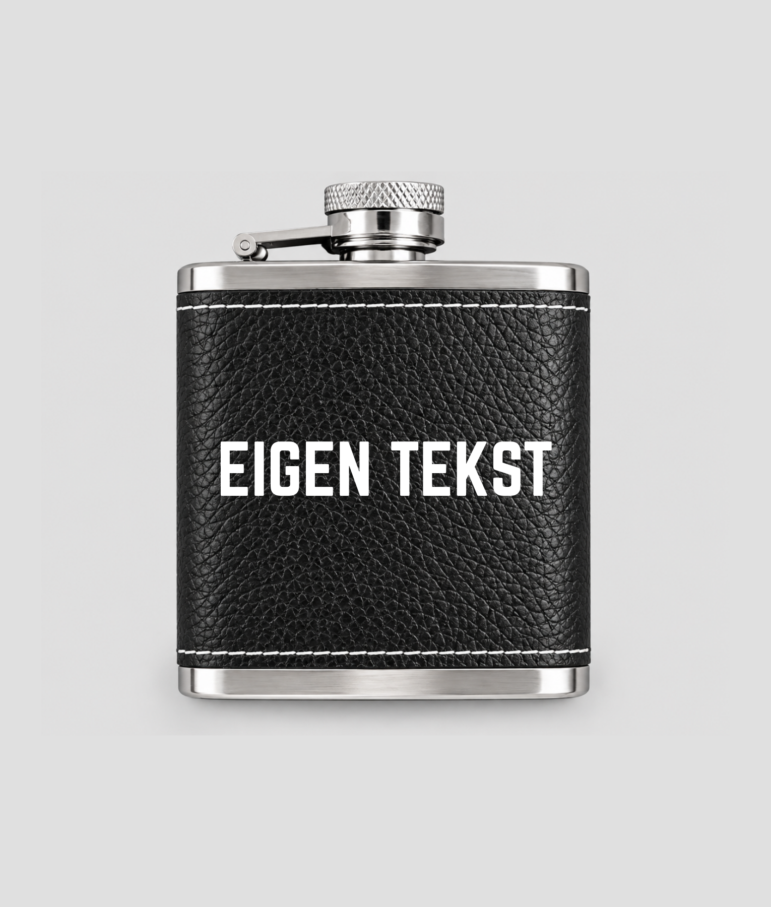 Luxe heupfles van rvs met zwart leer en eigen tekst