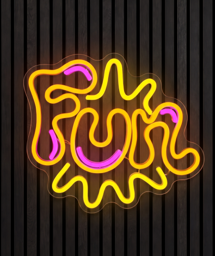 Fun neon lamp met het woord Fun in geel licht met roze accenten