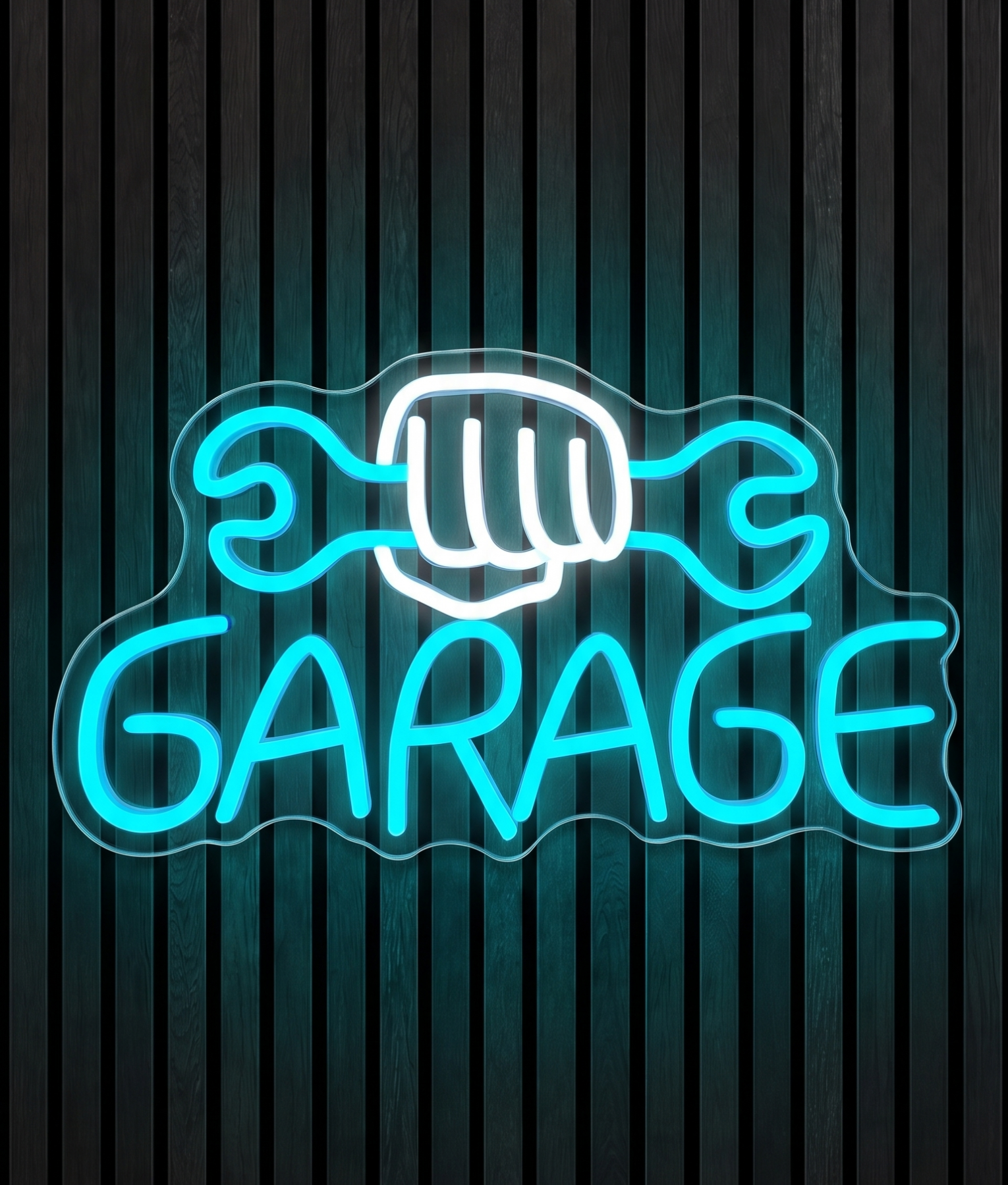 Garage neon lamp met het woord Garage met een vuist en moersleutel in blauw licht