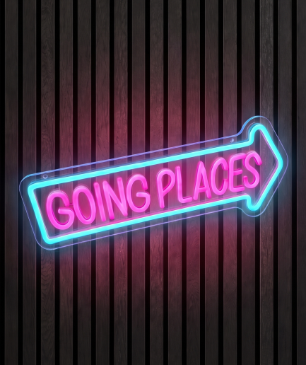 Going places neon lamp met de tekst Going places met een pijl in blauw en roze licht