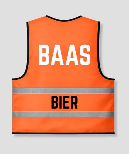 Oranje hesje Baas bier, achterkant met de tekst BAAS / BIER