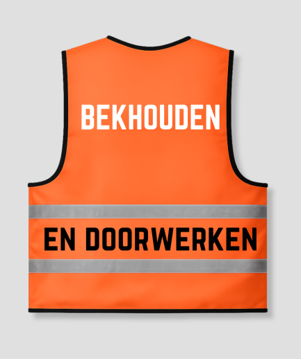 Oranje hesje Bekhouden en doorwerken, achterkant met de tekst BEKHOUDEN / EN DOORWERKEN