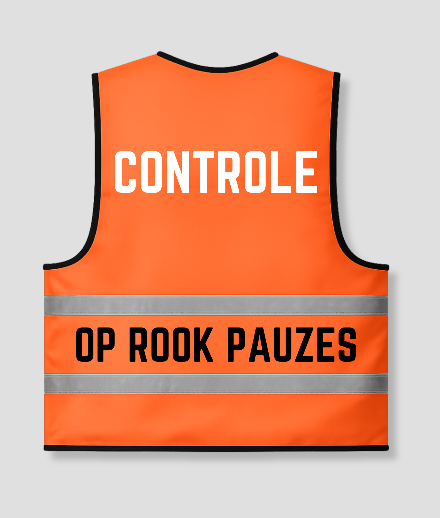 Oranje hesje Controle op rookpauzes, achterkant met de tekst CONTROLE / OP ROOK PAUZES