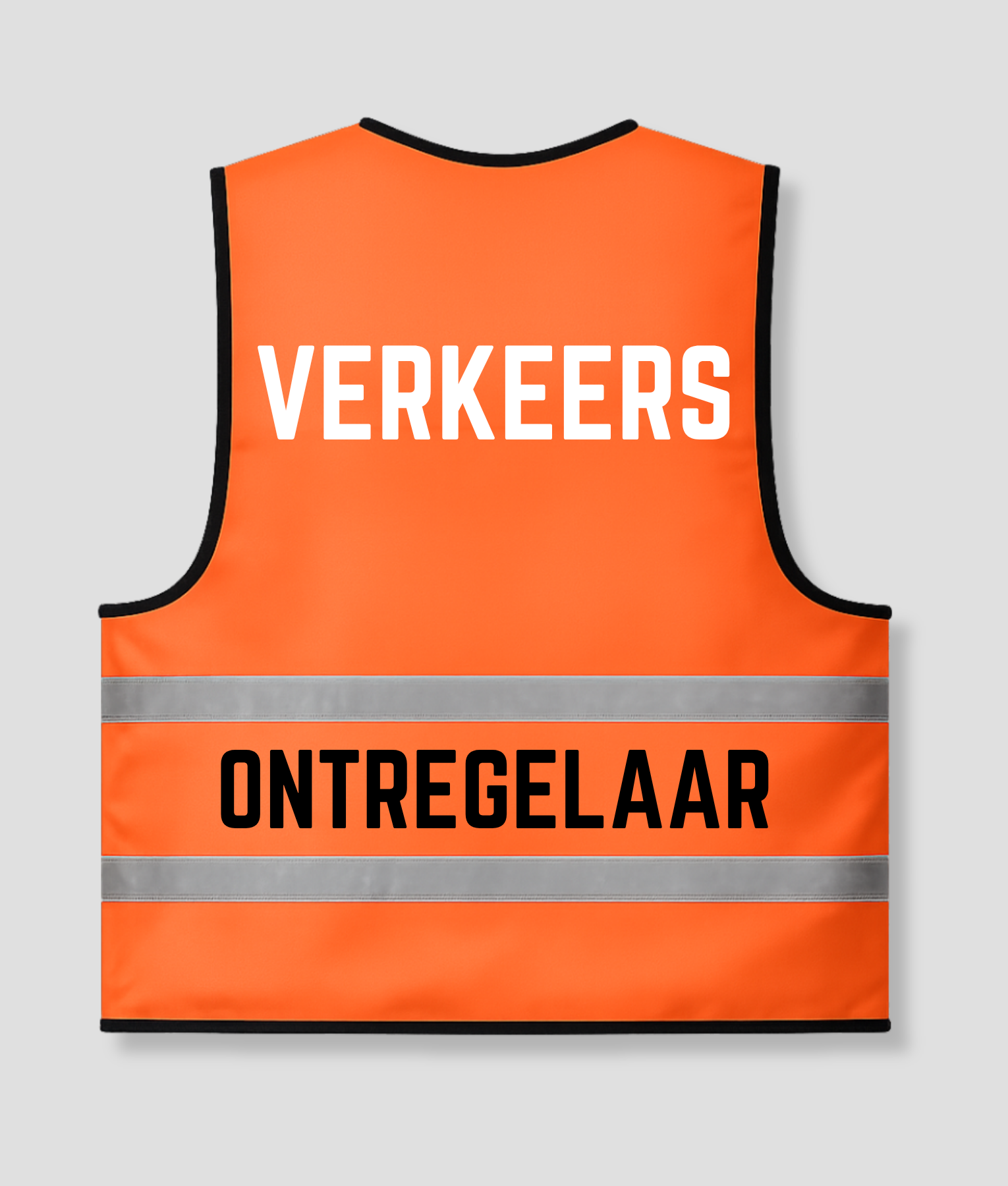 Oranje hesje Verkeersontregelaar, achterkant met de tekst VERKEERS / ONTREGELAAR