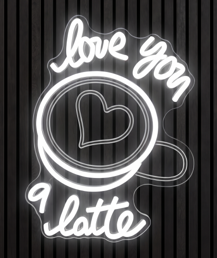 Love you a latte neon lamp met de tekst Love you a latte met een kopje koffie in wit licht