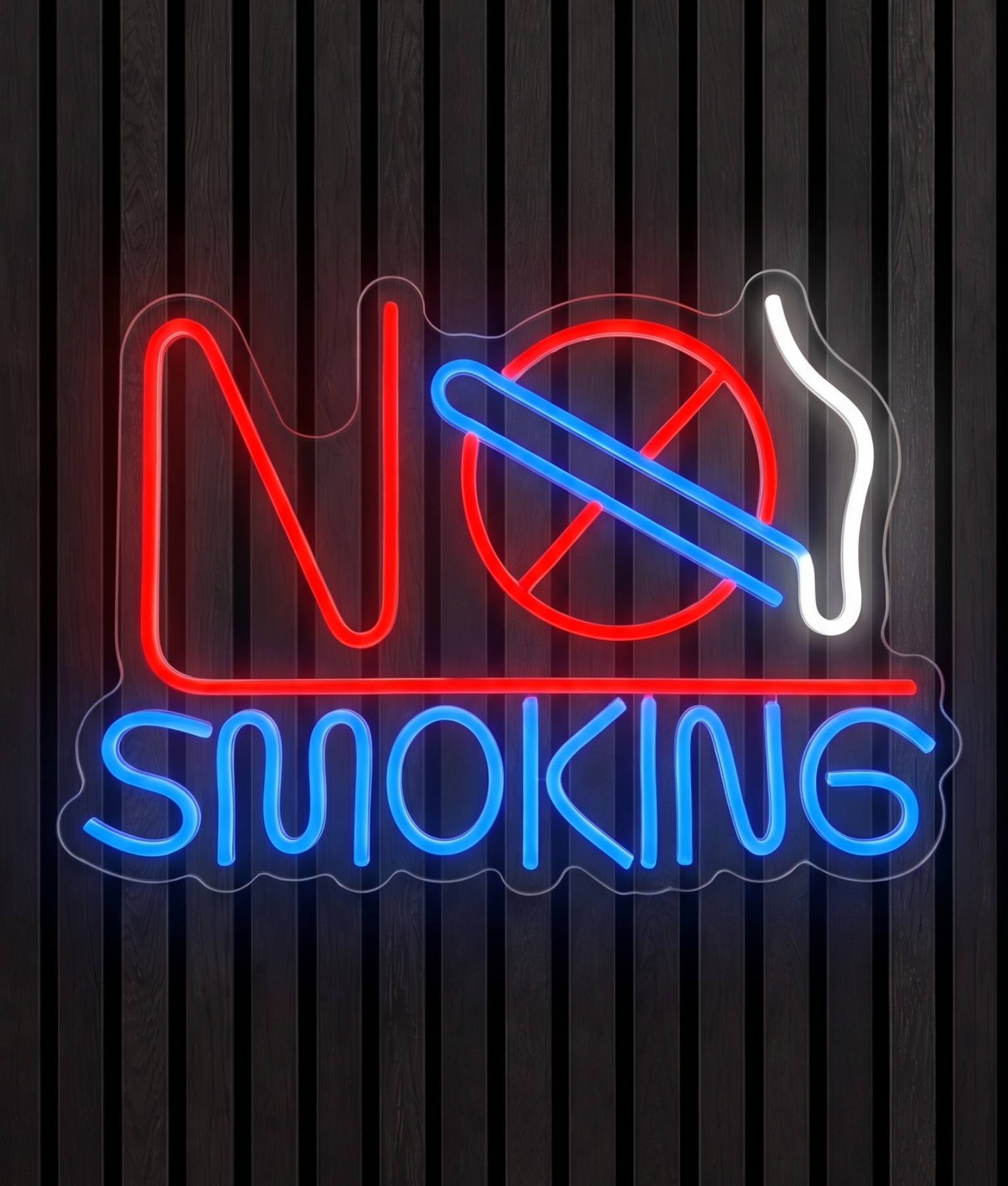 No Smoking neon lamp, de tekst No Smoking met een doorgestreepte sigaret in rood en blauw