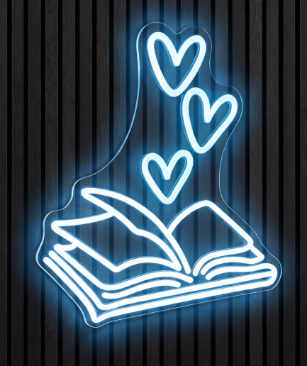 Open boek met hartjes neon lamp