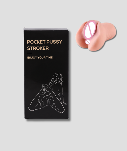 Pocket pussy stroker van huidkleurige siliconen naast de zwarte doos