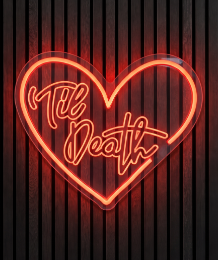 Til death hart neon lamp met de tekst Til death in een groot hart van rood licht