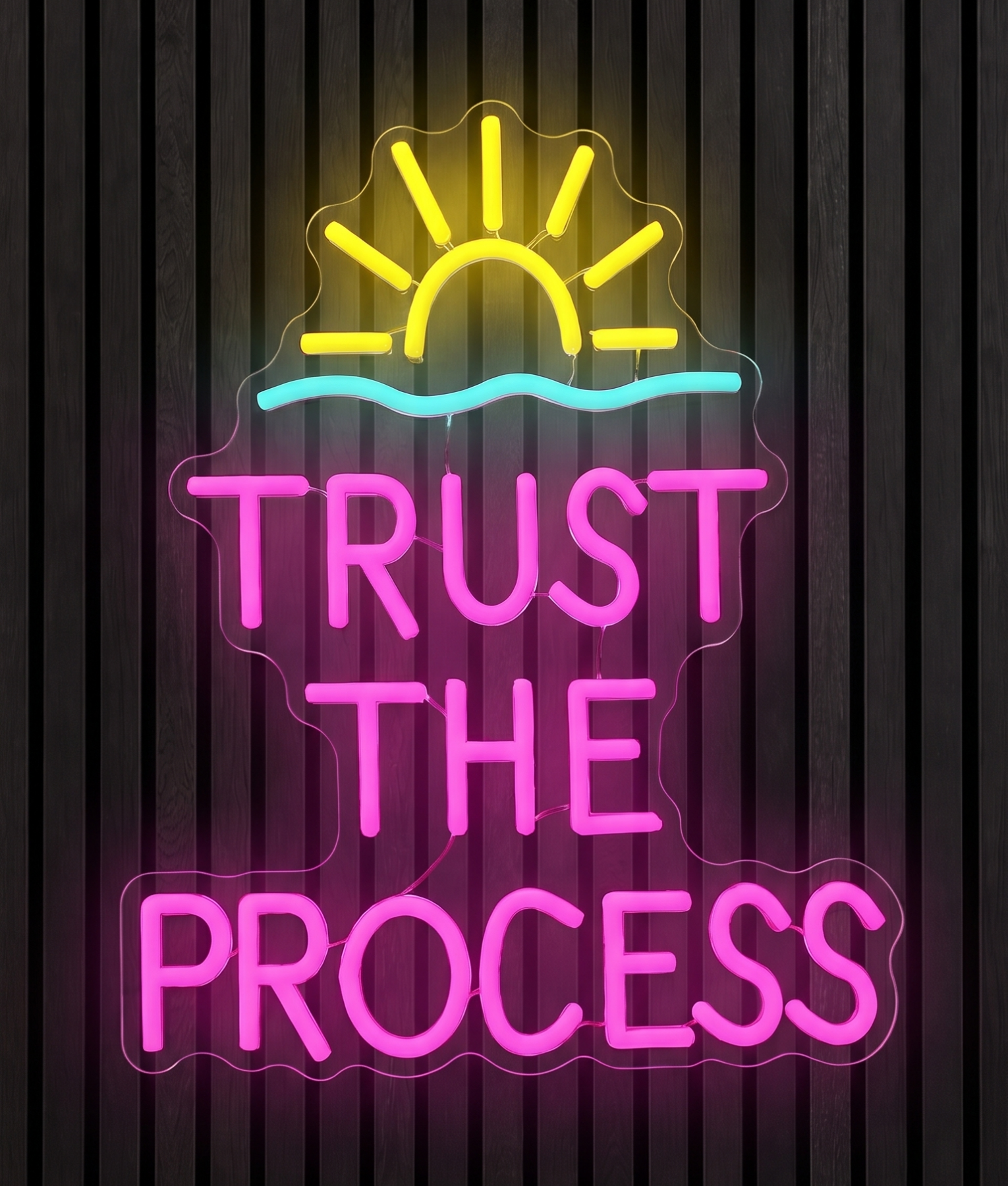 Trust the process neon lamp met de tekst Trust the process met een opkomende zon in roze en geel licht