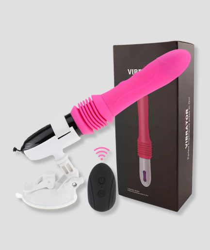 Roze telescopische vibrator met afstandsbediening en zuignapvoet naast de zwarte doos