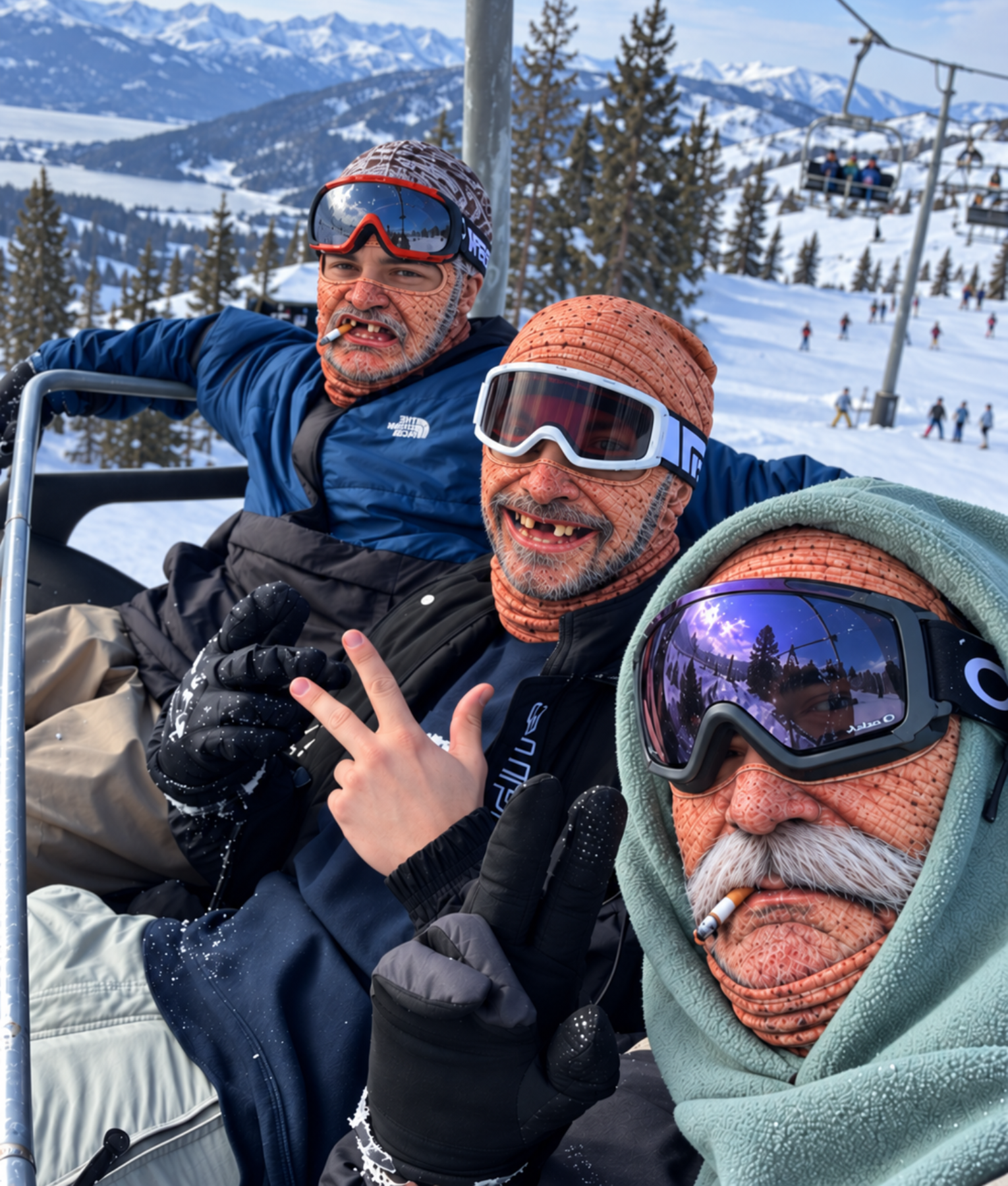 Grappige skimaskers in de skilift