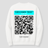witte sweater met qr code en turquoise label achterkant